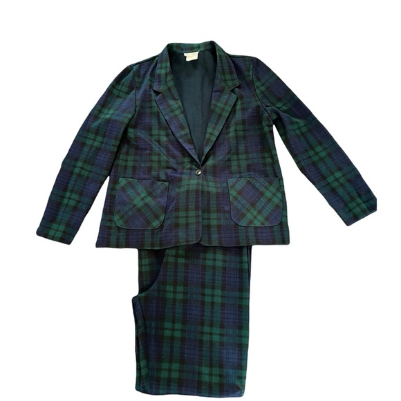 Vintage Women’s Plaid Pant Suit Set Blazer Trousers Green Tartan Plaid
